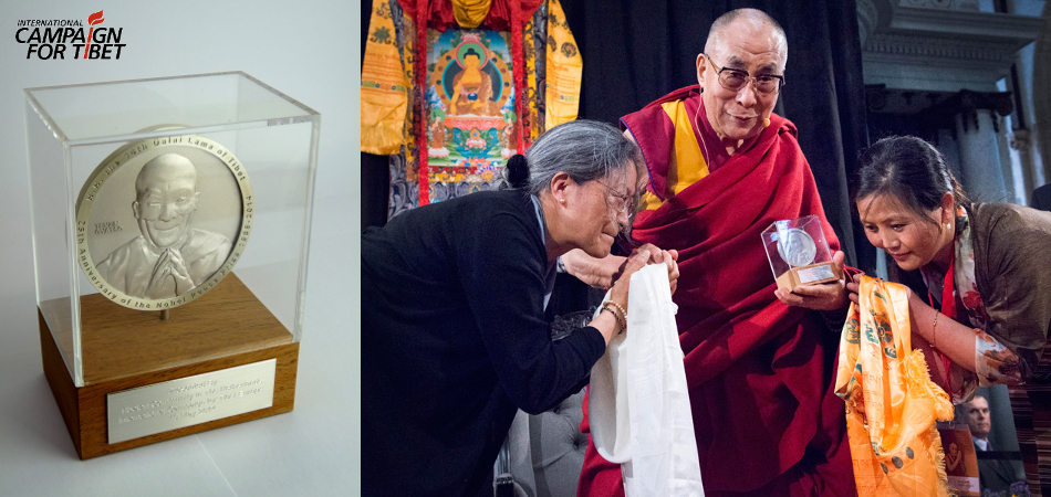 Award in zilver voor de Dalai Lama ter ere van de Nobelprijs voor de vrede die hij 25 jaar geleden ontving. In opdracht van The International Campaign for Tibet. Foto uitreiking: Jurjen Donkers